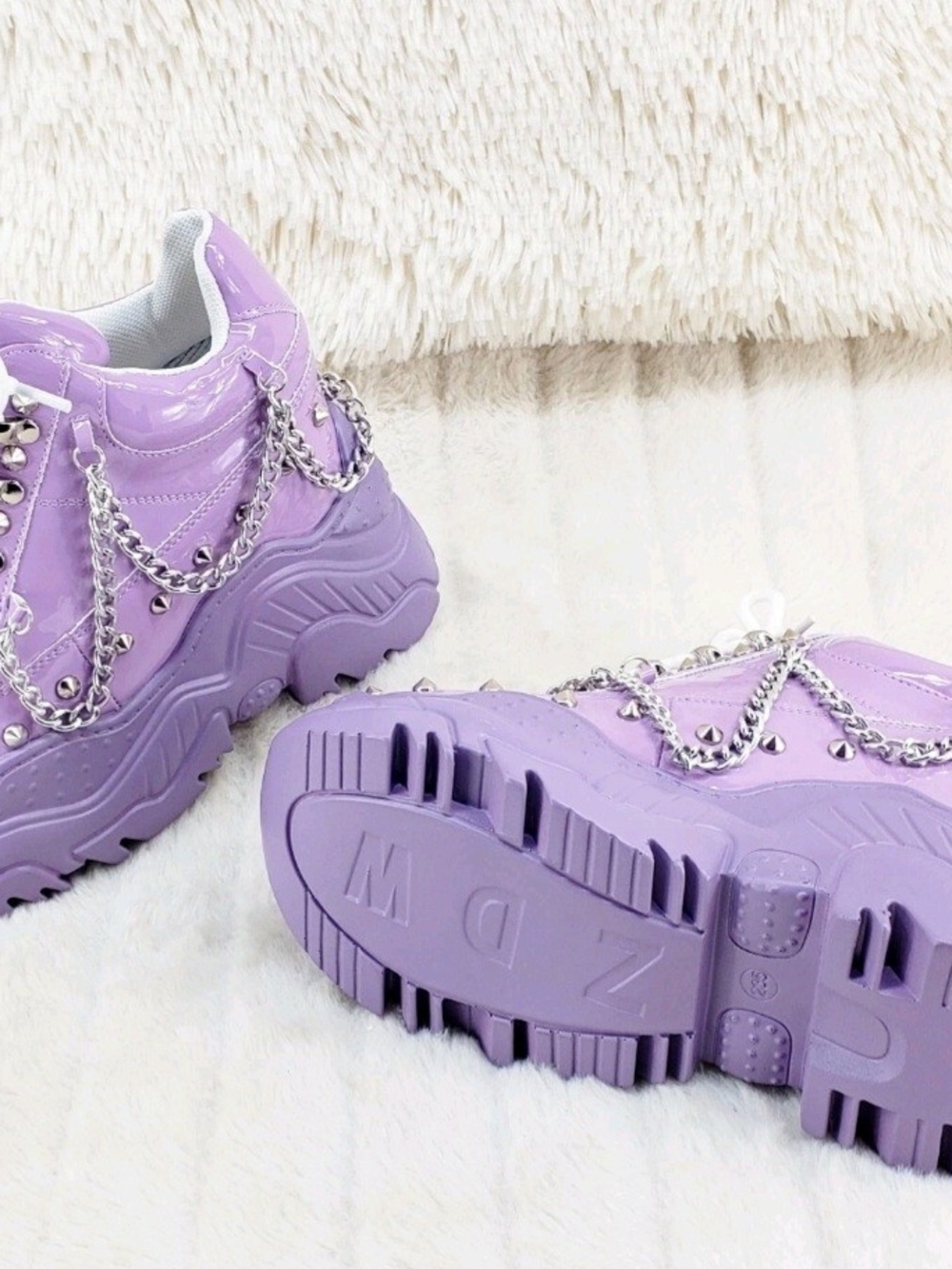 WTF By Anthony Wang Lilac Patent Sneakers Chain Studded Hidden Wedge 7.5 NWOT - Picture 12 of 14
